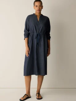 Airy Organic Cotton Twill Band Collar Shirtdress