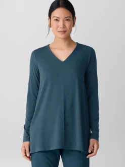 Fine Stretch Jersey Knit V-Neck Long Top