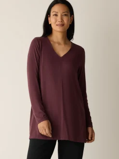 Fine Stretch Jersey Knit V-Neck Long Top