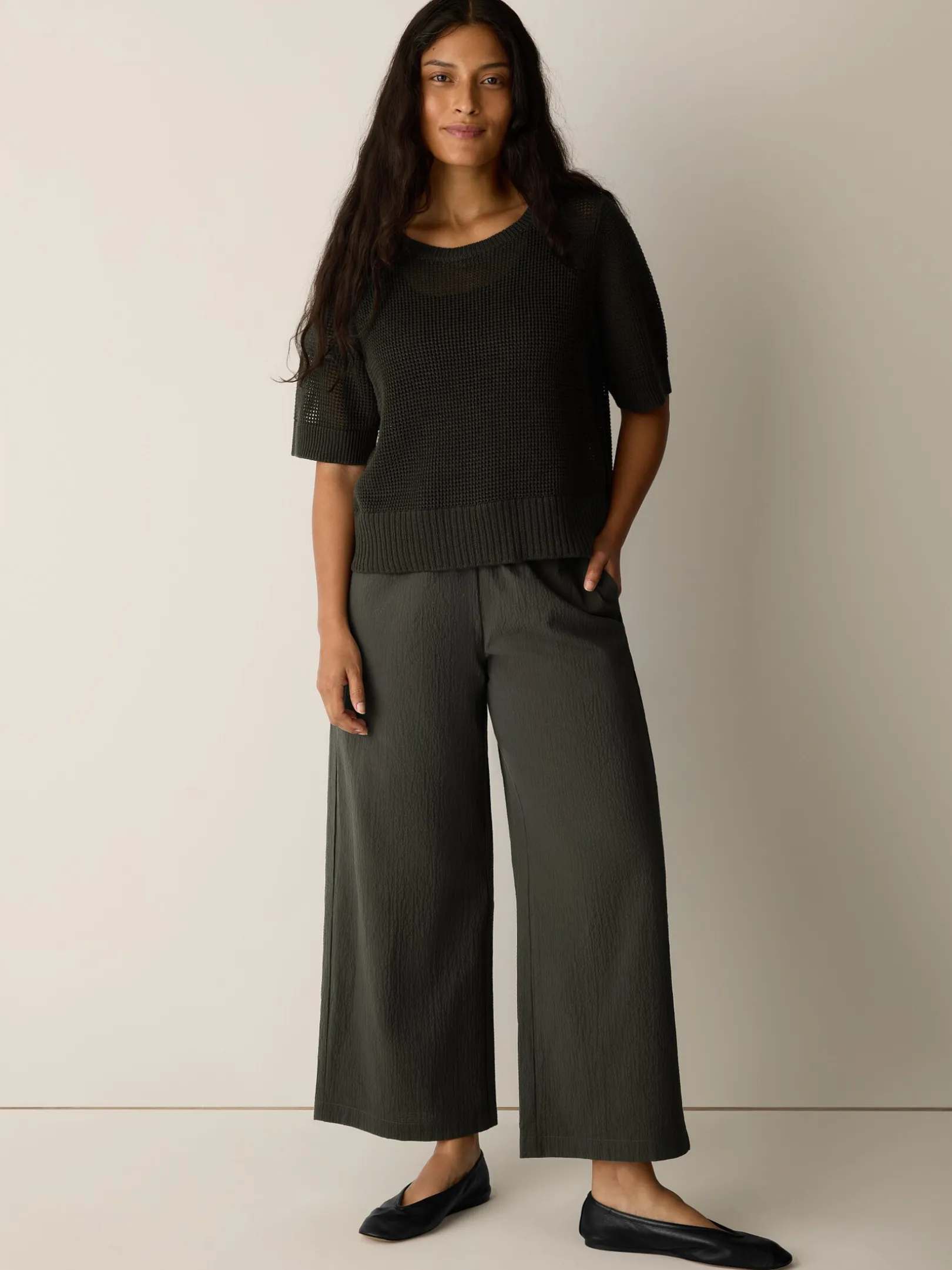 Organic Cotton Pucker Wide-Leg Pant