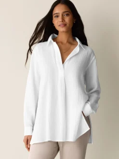 Organic Cotton Ripple Classic Collar Split Neck Top
