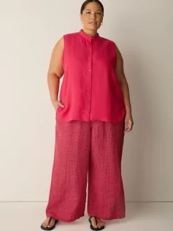 Puckered Organic Linen Grid Wide-Leg Pant