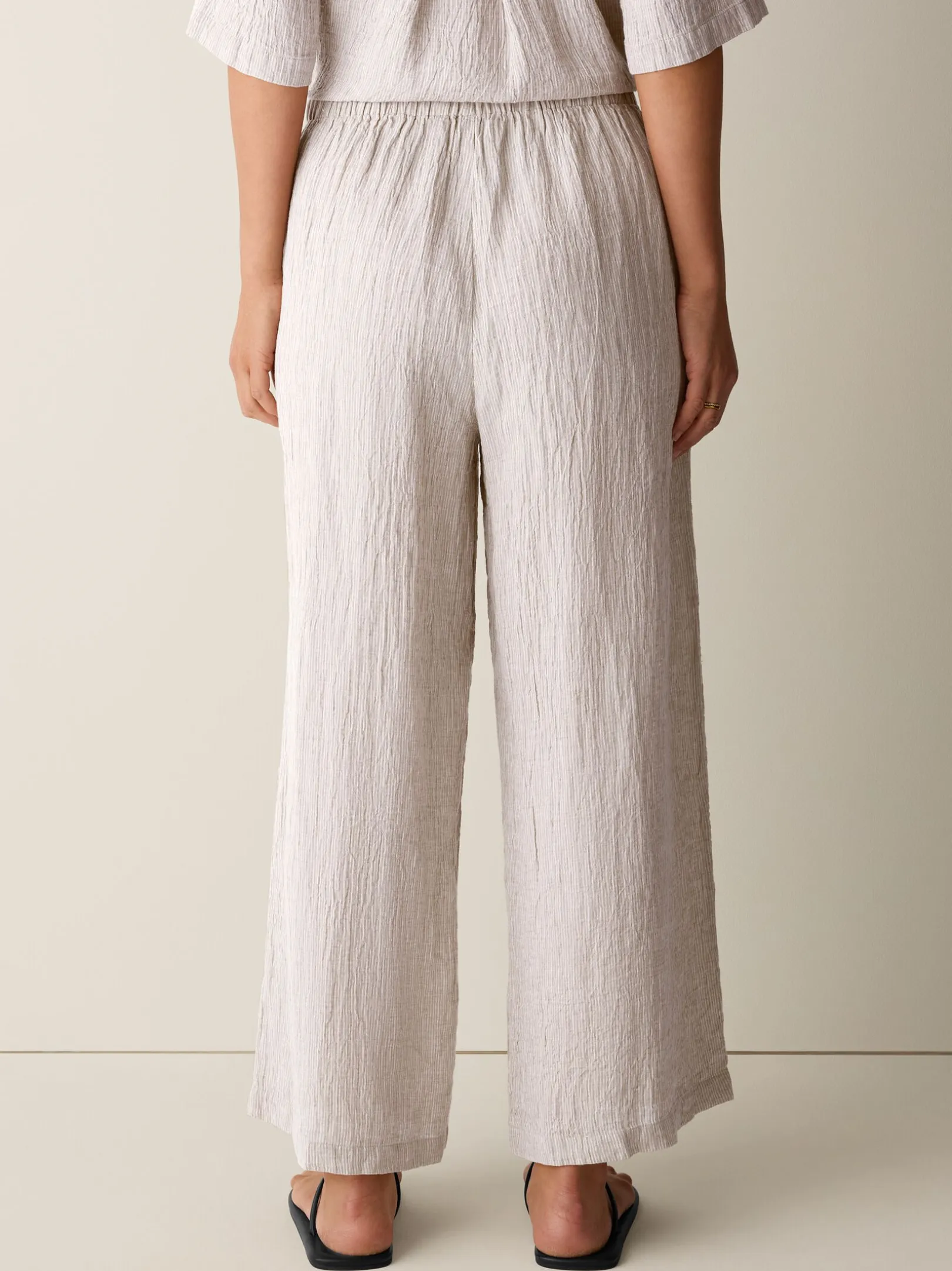 Puckered Organic Linen Stripe Wide-Leg Pant