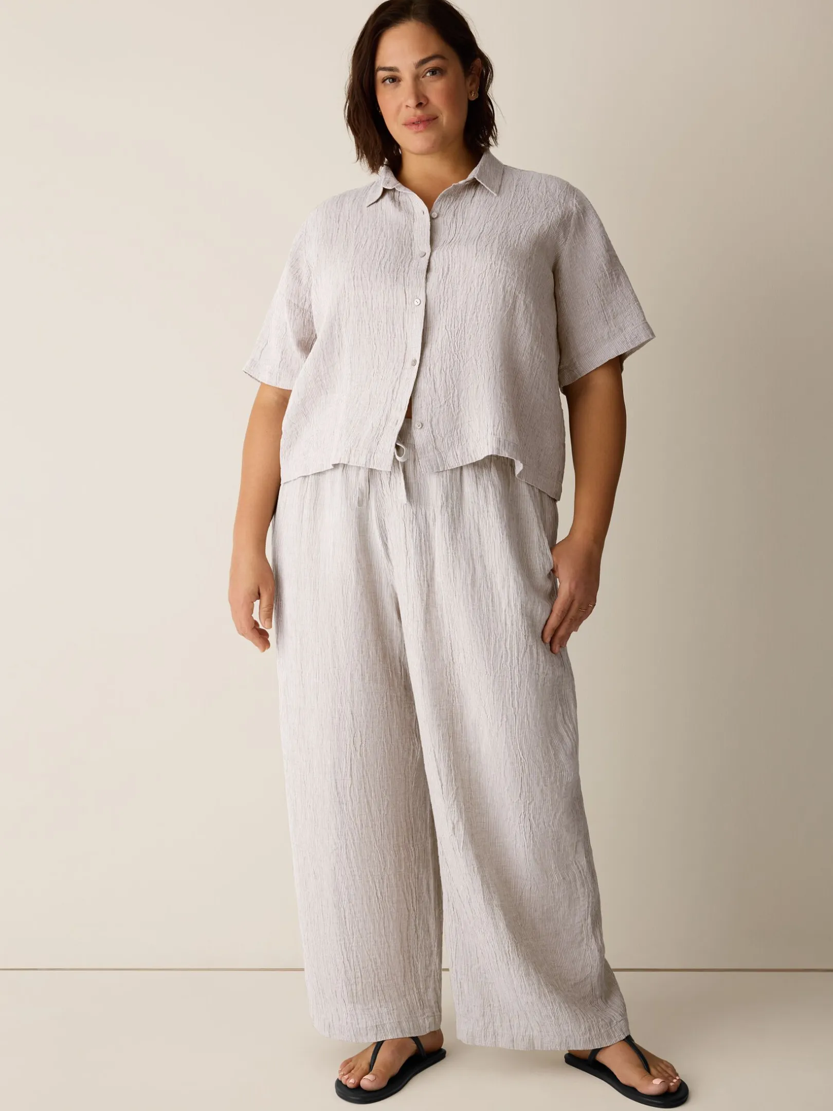 Puckered Organic Linen Stripe Wide-Leg Pant