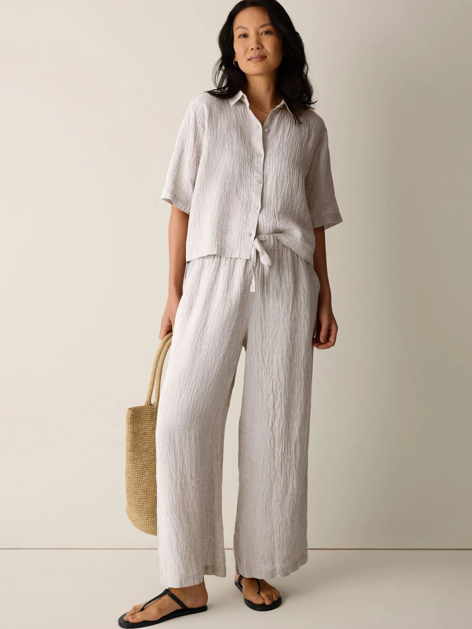 Puckered Organic Linen Stripe Wide-Leg Pant