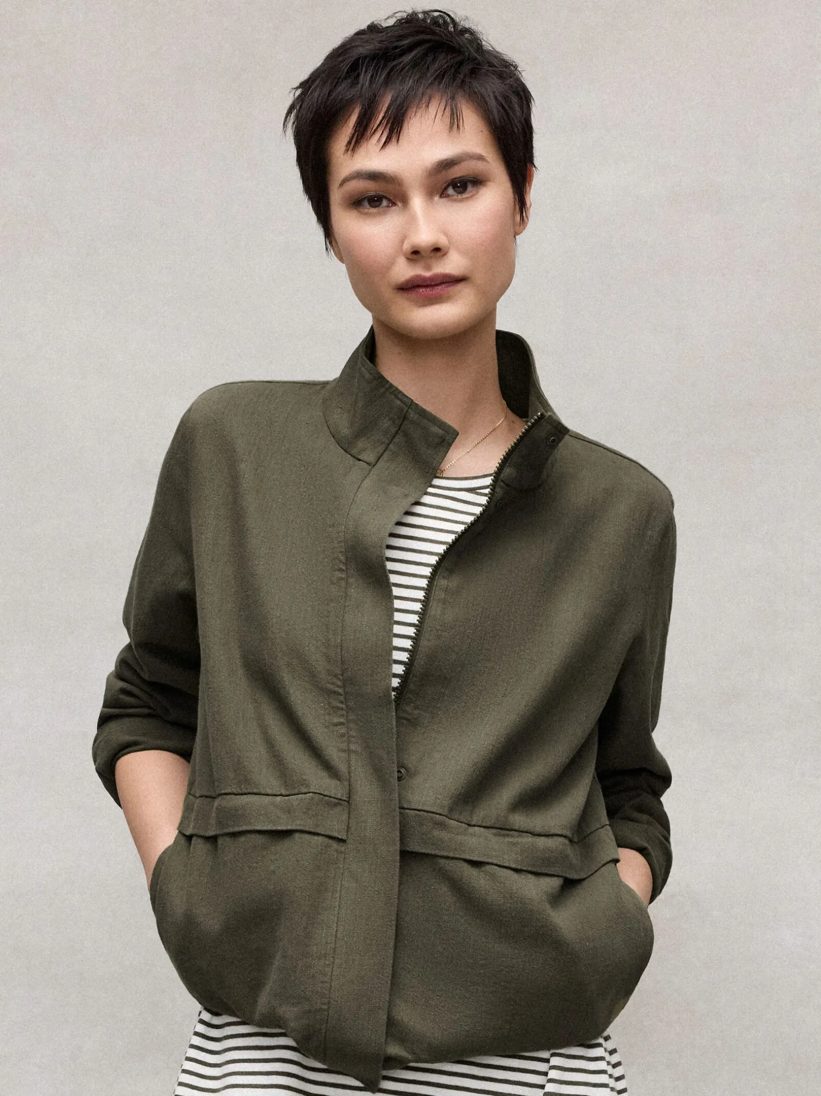 Slubby Organic Cotton Linen High Collar Jacket