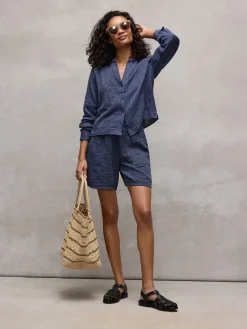 Striped Organic Cotton Gauze Band Collar Shirt