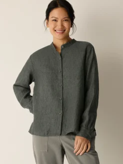 Washed Organic Linen Délavé Band Collar Shirt